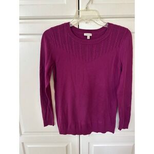 Talbots Petite Magenta Purple Cable Knit Pointelle Yoke Cotton Blend Sweater SP